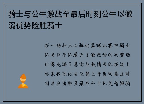 骑士与公牛激战至最后时刻公牛以微弱优势险胜骑士